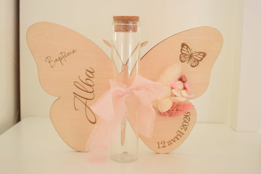 Support de baptême en bois avec fiole et fleurs séchées - personnalisé papillon