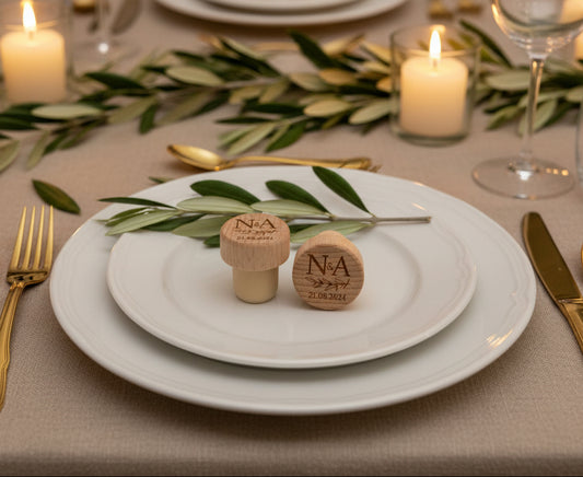 Bouchon de vin gravé Initiale et Date - personnalisé Feuille d'Olivier