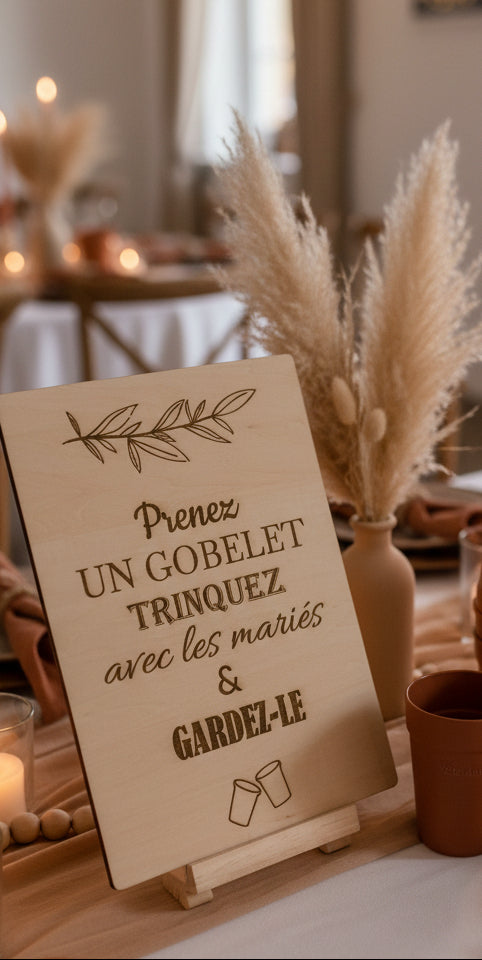 Panneau en Bois Mariage - "Prenez un gobelet & trinquez" | Feuille d'olivier