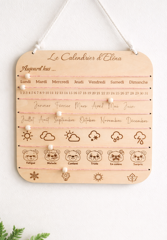 Calendrier Enfant en Bois Personnalisé - Apprentissage des Jours, Météo & Émotions
