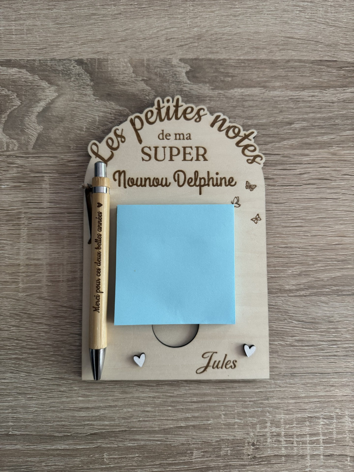 Porte-notes personnalisé en bois avec stylo gravé