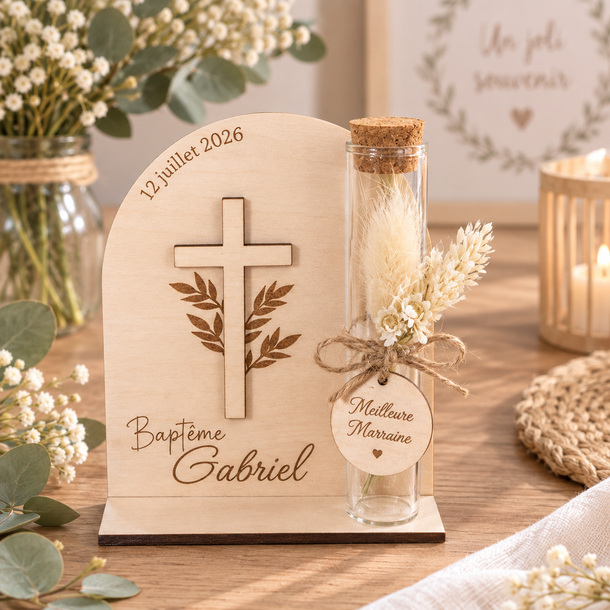 Contenant à Dragées Baptême Personnalisé en Bois - Thème Croix
