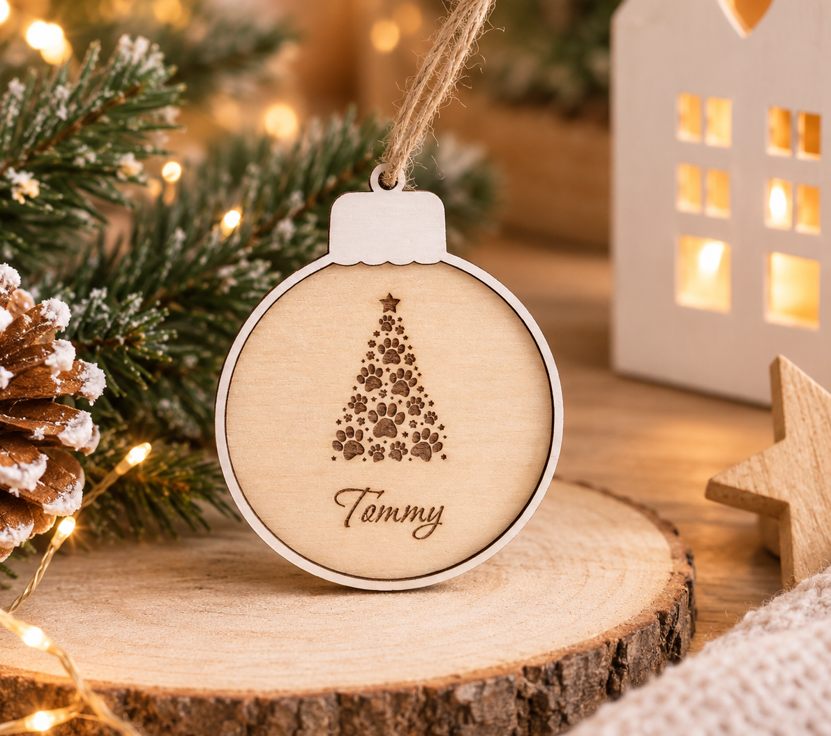 Boule de Noël en bois personnalisée au prénom Tommy avec sapin en empreintes de pattes gravé