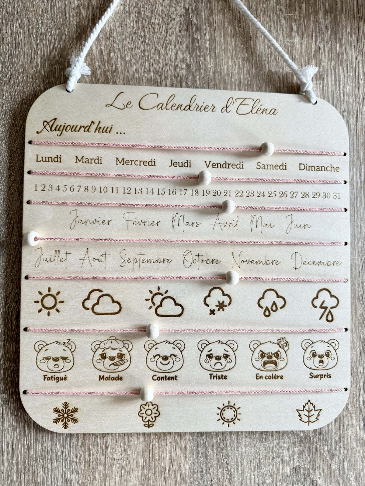 Calendrier Enfant en Bois Personnalisé - Apprentissage des Jours, Météo & Émotions