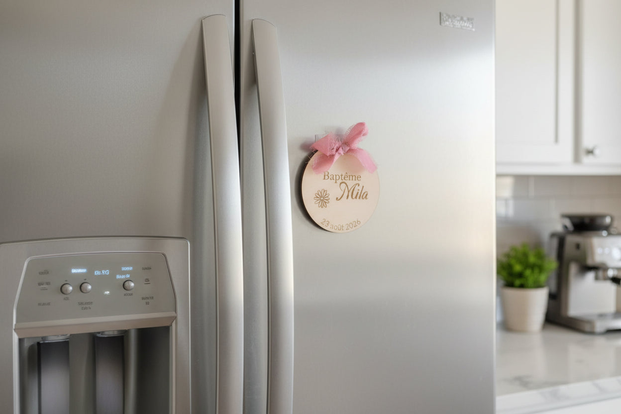 Magnet rond baptême en bois – personnalisé marguerite