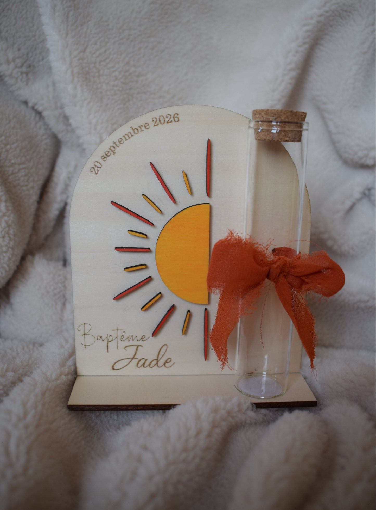 Contenant à Dragées Baptême Personnalisé en Bois - Thème Soleil Bohème