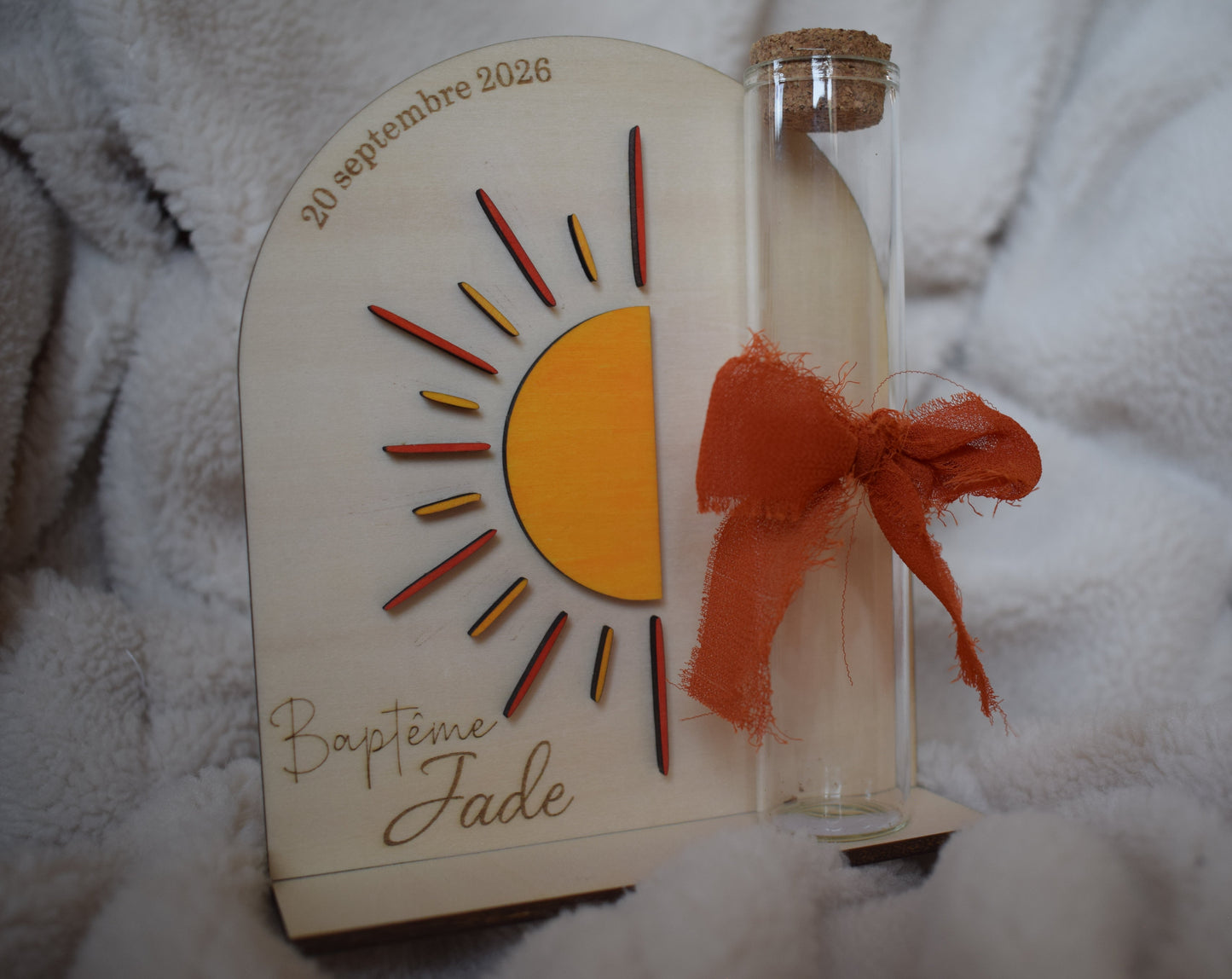 Contenant à Dragées Baptême Personnalisé en Bois - Thème Soleil Bohème