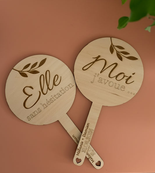 Pancartes de mariage en bois gravées – Jeu "Elle et Lui" personnalisées