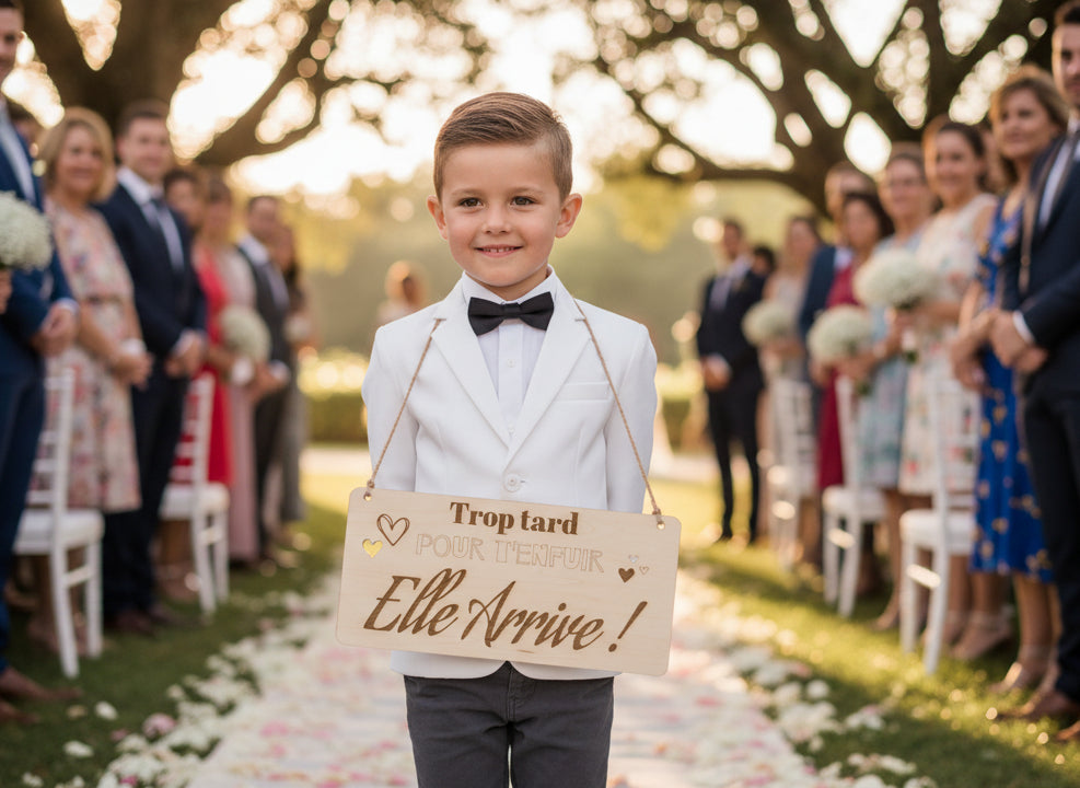 Pancarte de mariage en bois gravée – "Trop tard pour t’enfuir, elle arrive"