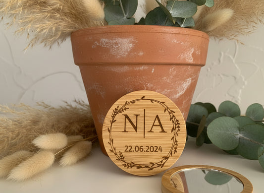 Miroir de poche en bambou gravé – Couronne de Feuille