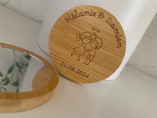 Miroir de poche en bambou gravé – Mariage amoureux