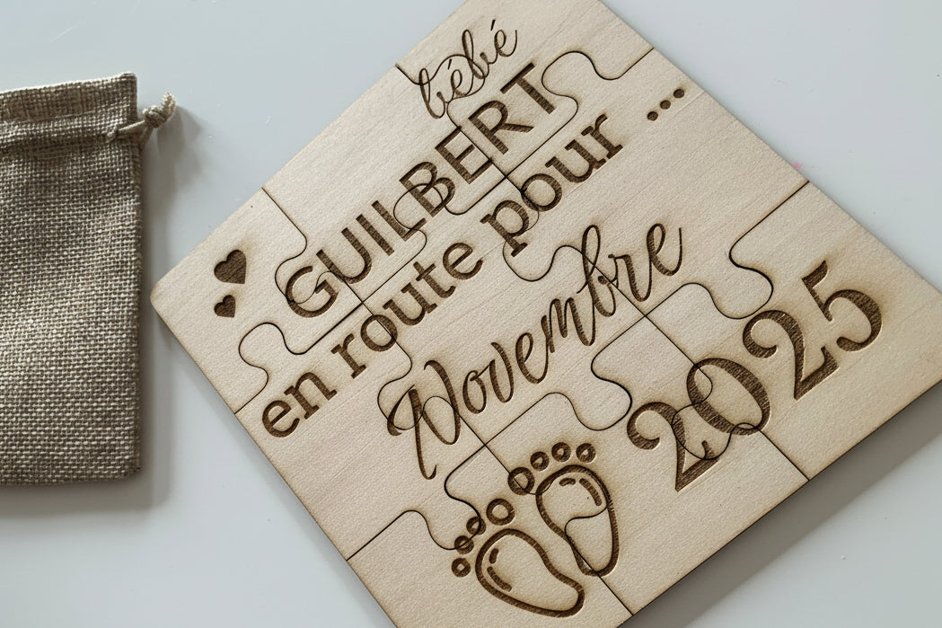 Puzzle en bois gravé – Message & annonce personnalisée