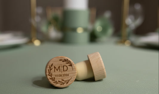 Bouchon de vin gravé Initiales - Couronne feuilles