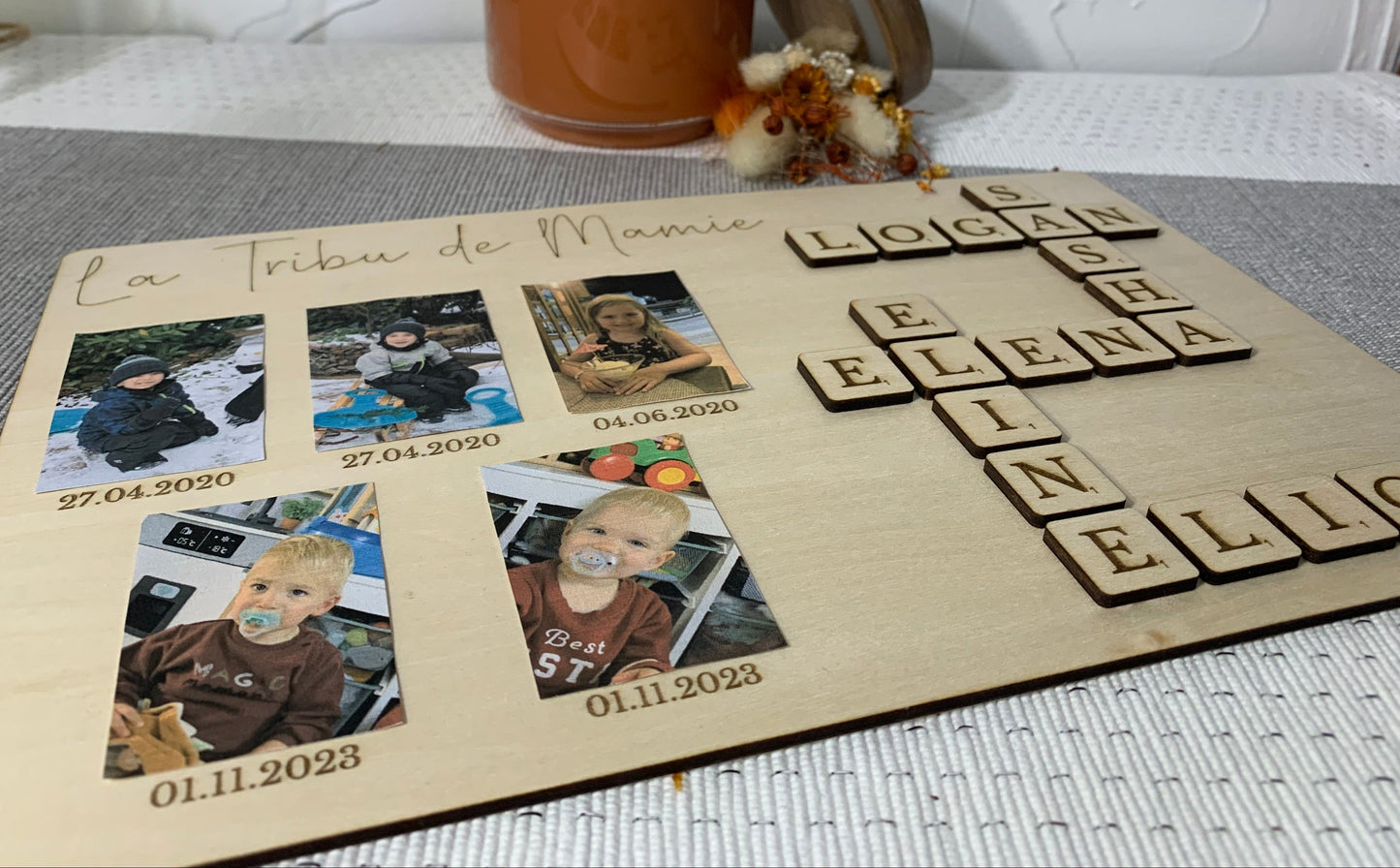 Tableau bois avec puzzle et emplacement photo - Personnalisé La Tribu de Mamie