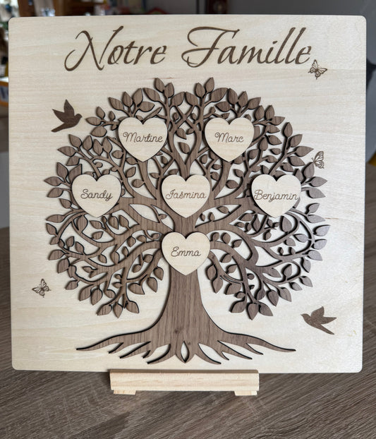 Tableau en bois Arbre de vie - Personnalisé cœurs Prénoms Notre Famille
