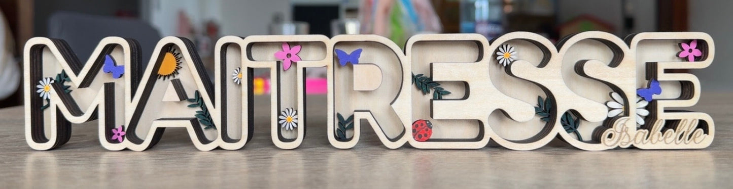 Plaque en bois personnalisée Maîtresse Isabelle avec décors fleurs et papillons pour cadeau fin d'année scolaire