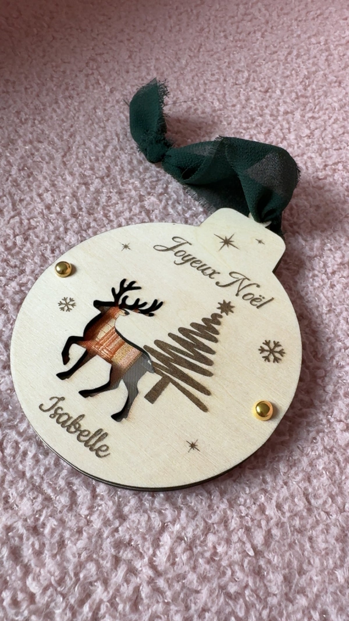 Boule de Noël billet personnalisée - renne avec sapin