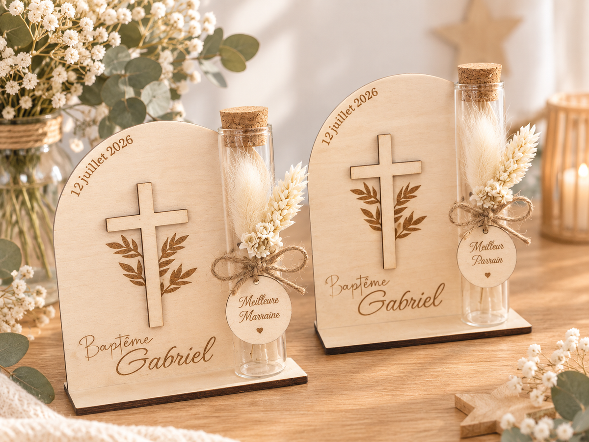 Contenant à Dragées Baptême Personnalisé en Bois - Thème Croix