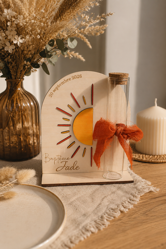 Contenant à Dragées Baptême Personnalisé en Bois - Thème Soleil Bohème