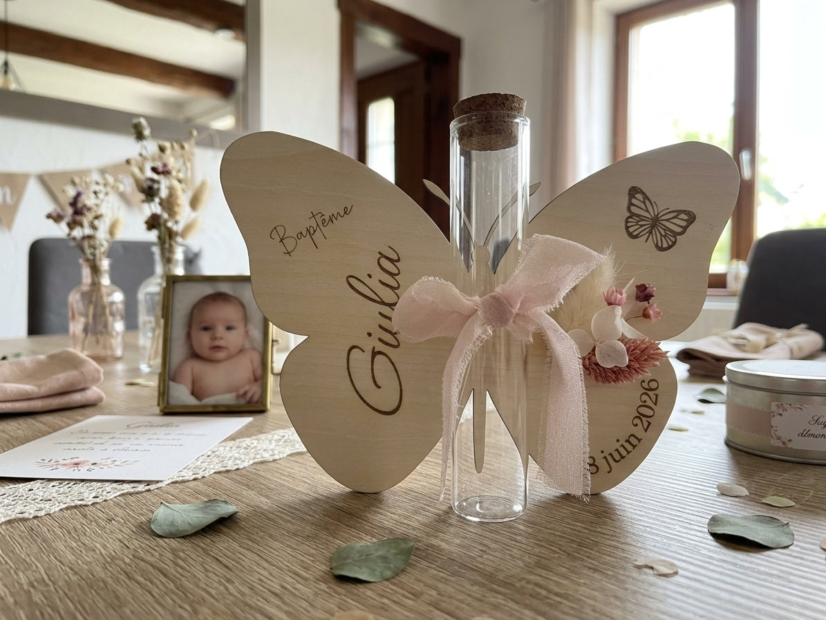 Support de baptême en bois avec fiole et fleurs séchées - personnalisé papillon