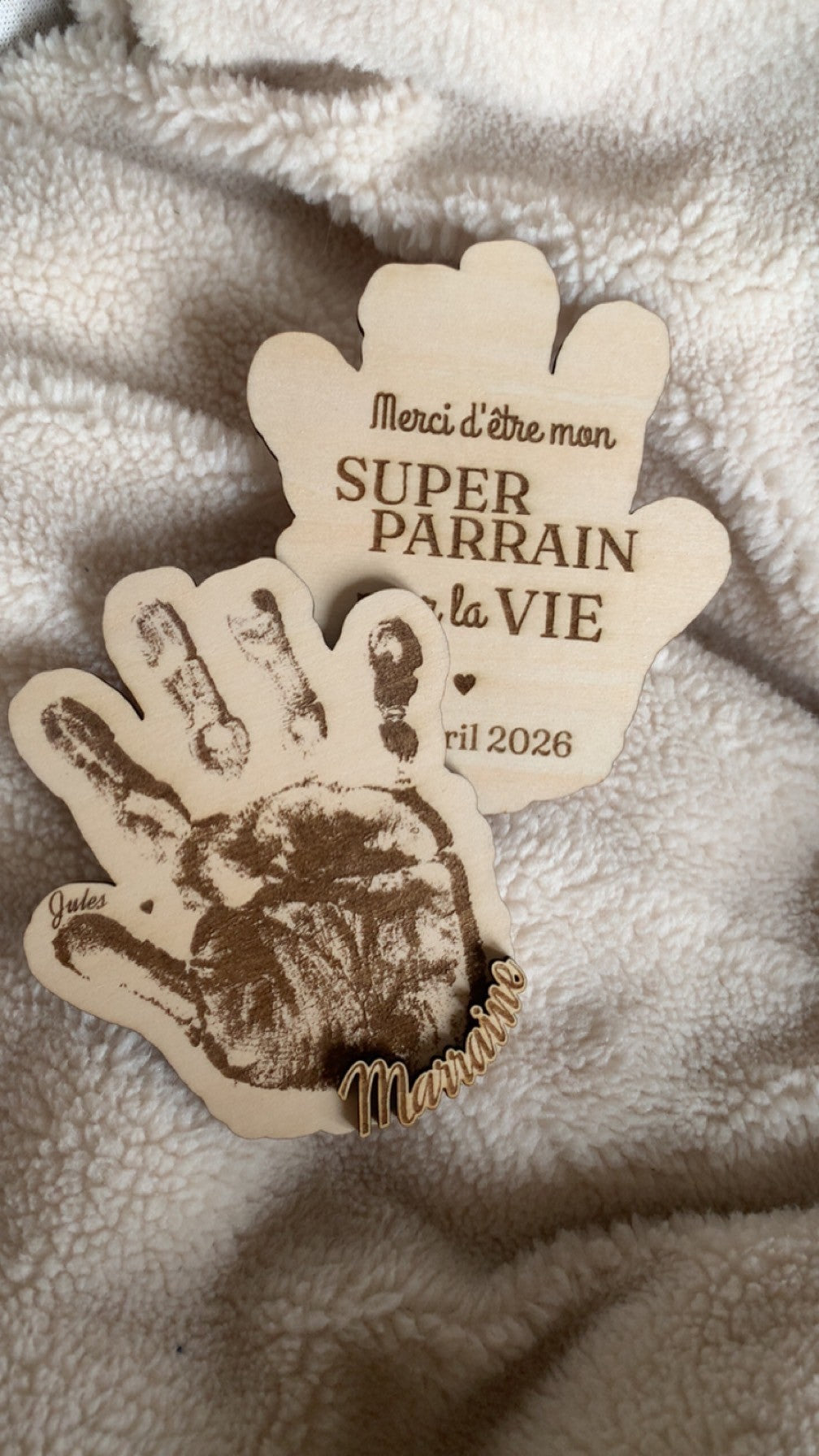 Empreinte gravé en bois texte parrain marraine