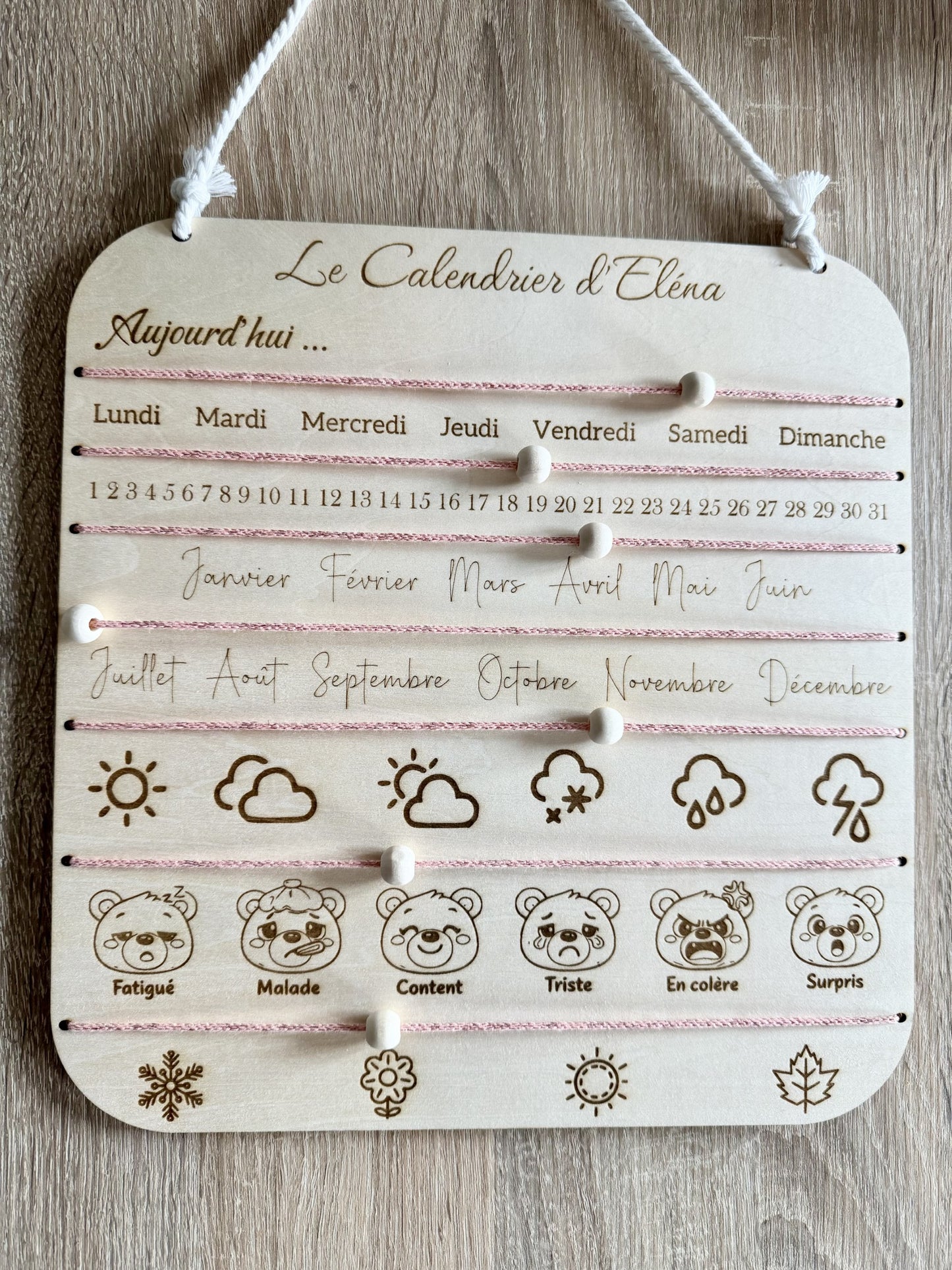 Calendrier Enfant en Bois Personnalisé - Apprentissage des Jours, Météo & Émotions