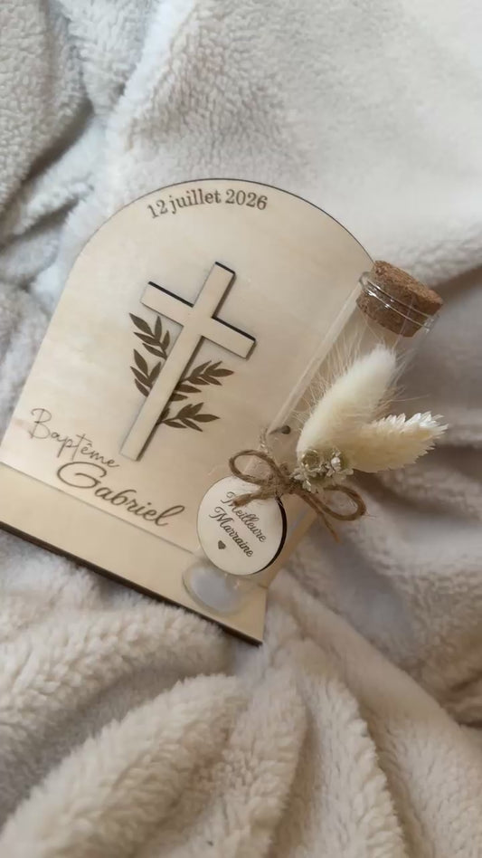 Contenant à Dragées Baptême Personnalisé en Bois - Thème Croix