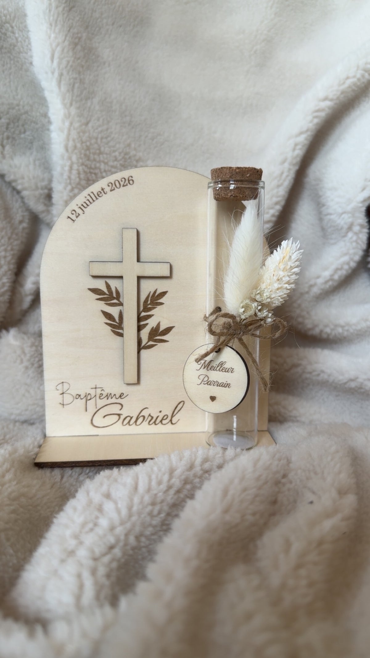 Contenant à Dragées Baptême Personnalisé en Bois - Thème Croix